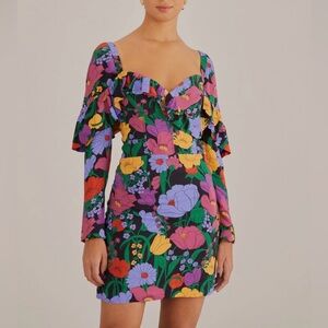 🆕 FARM Rio Black Bucolic Garden Black Long Sleeve Mini dress
